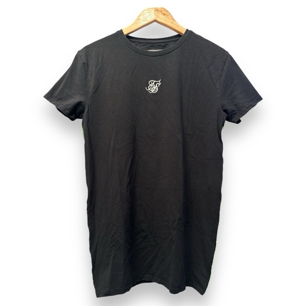 SikSilk Active‎ Sport Mens Medium T-Shirt Black Neon Green Side Tape Logo Tee